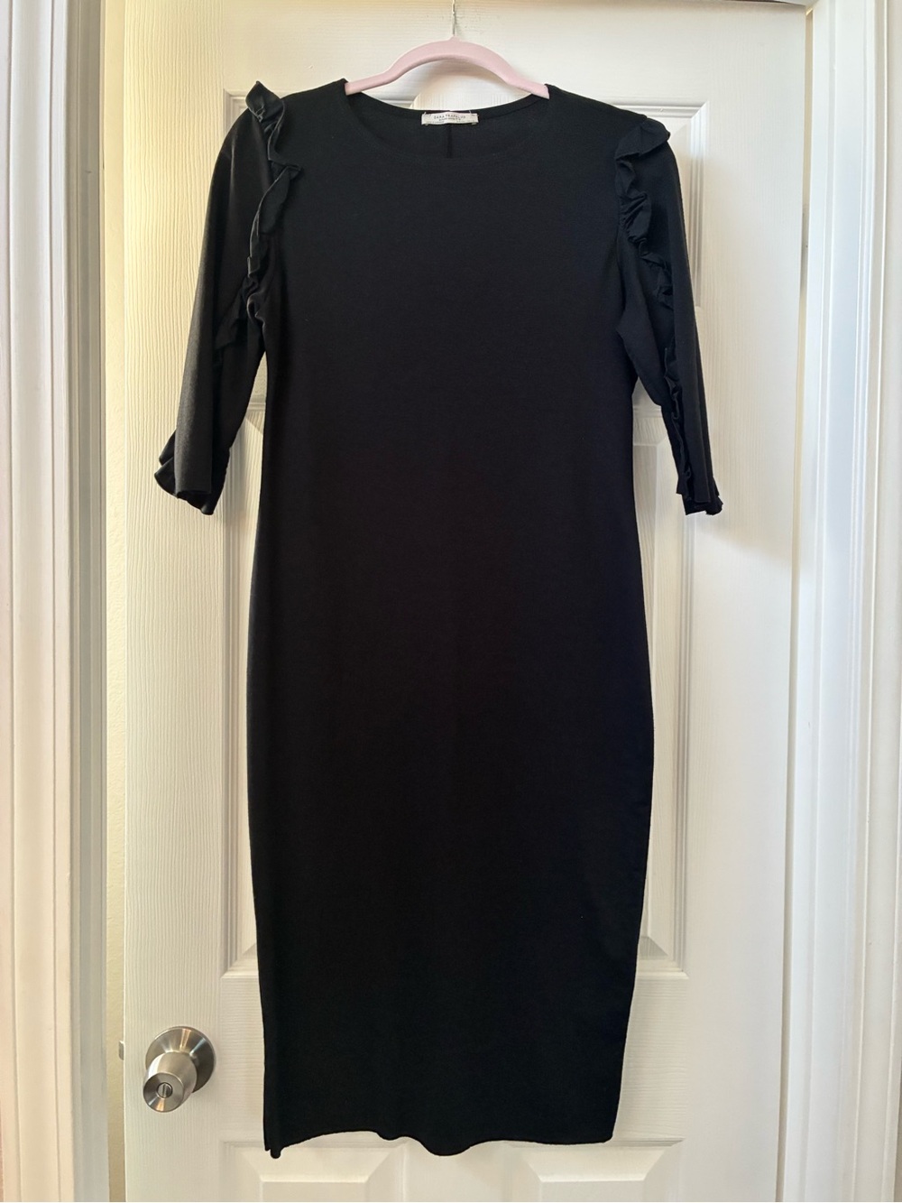 Zara Black Midi Dress with Ruffle Sleeve Detail